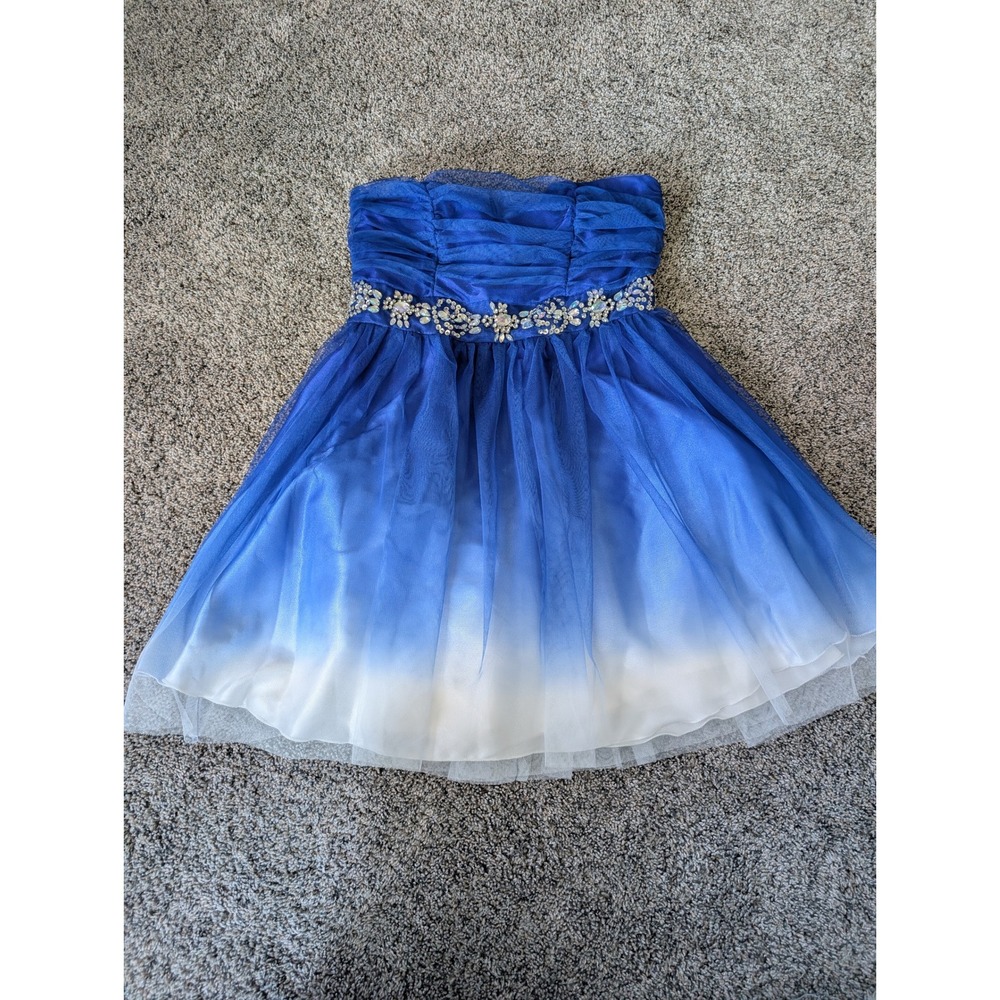 Deb Blue Ombre Strapless Rhinestone Tulle Mini‎ Dress 7/8 Royal White